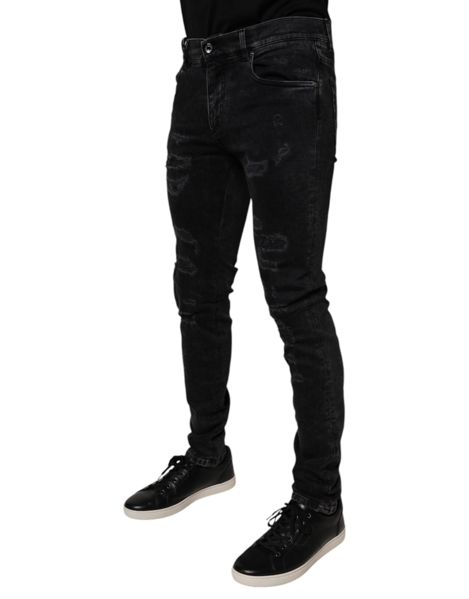 Black Tattered Cotton Skinny Men Denim Jeans-Dolce & Gabbana-LabelTerrace.com
