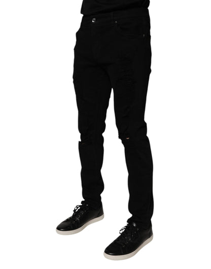 Black Tattered Cotton Skinny Men Denim Jeans-Dolce & Gabbana-LabelTerrace.com