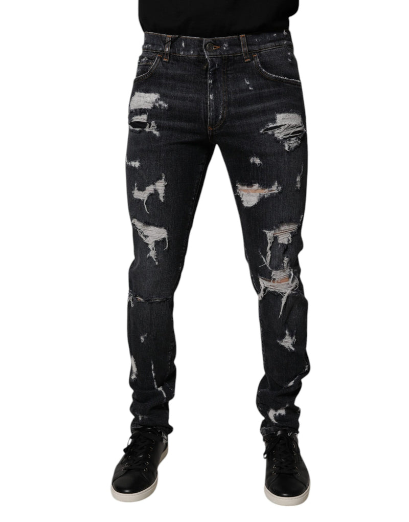 Black Tattered Cotton Skinny Men Denim Jeans-Dolce & Gabbana-LabelTerrace.com
