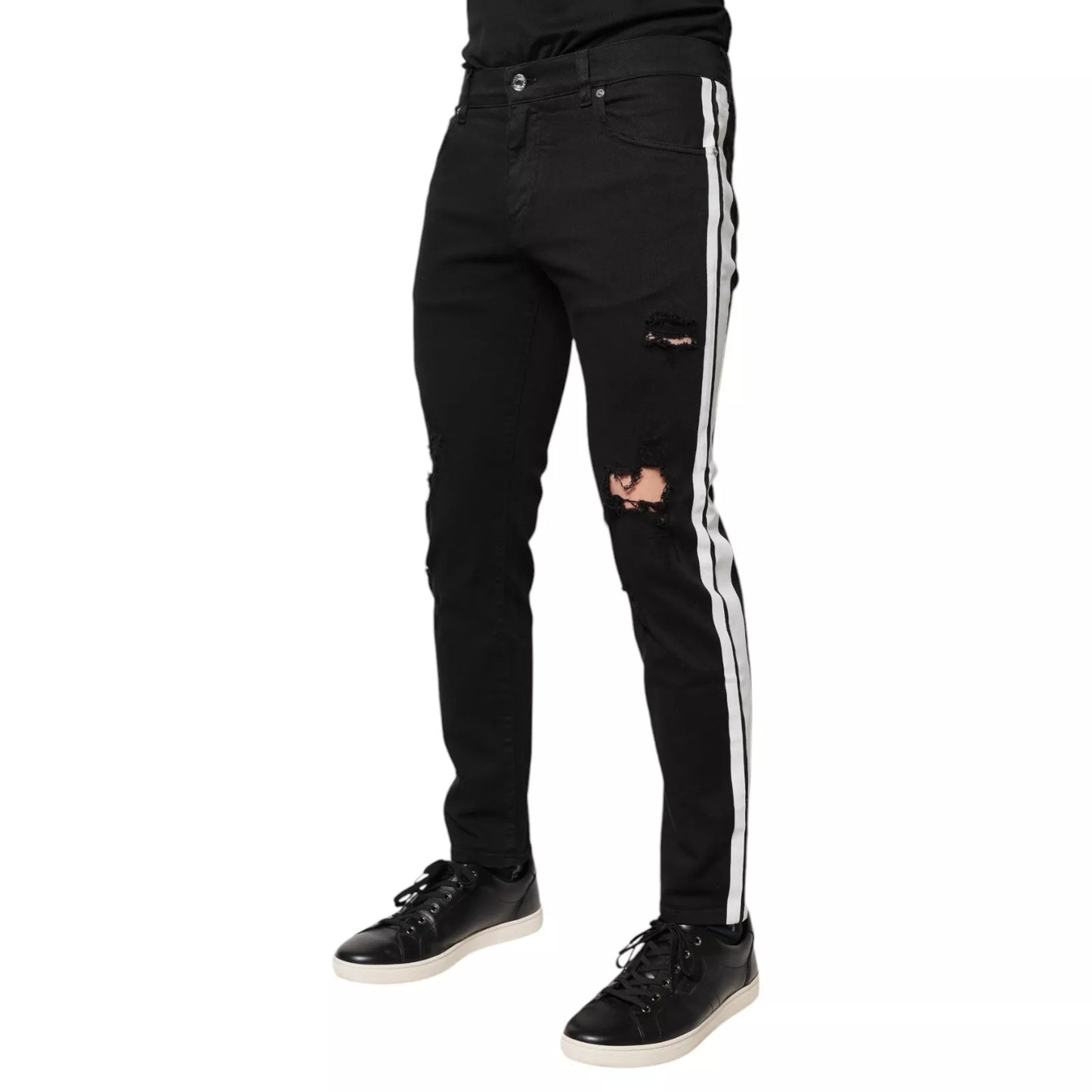 Black Tattered White Lining Skinny Denim Jeans-Dolce & Gabbana-LabelTerrace.com