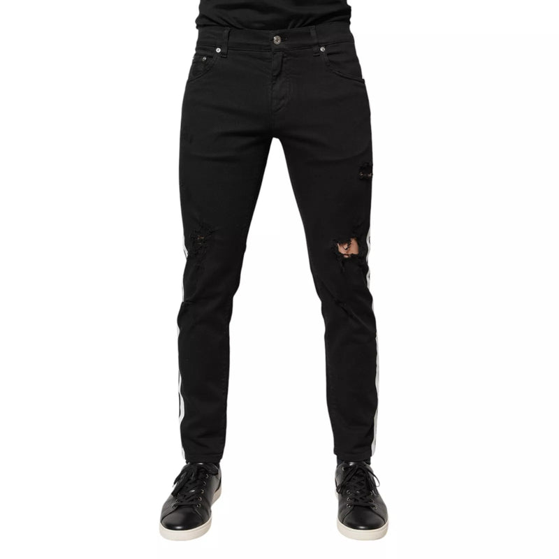 Black Tattered White Lining Skinny Denim Jeans-Dolce & Gabbana-LabelTerrace.com