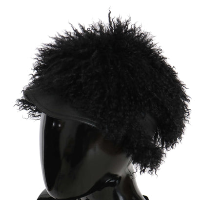Black Tibet Lamb Fur Leather Gatsby Hat-Dolce & Gabbana-LabelTerrace.com