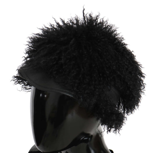 Black Tibet Lamb Fur Leather Gatsby Hat-Dolce & Gabbana-LabelTerrace.com