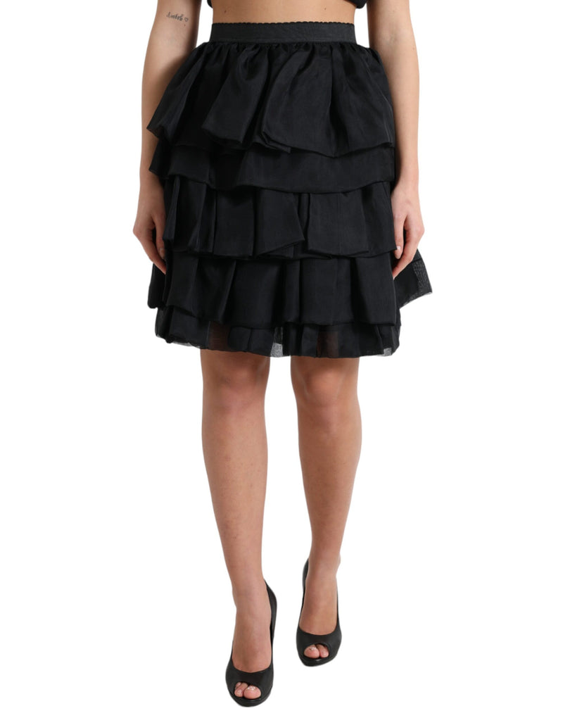Black Tiered Aline High Waist Silk Mini Skirt-Dolce & Gabbana-LabelTerrace.com