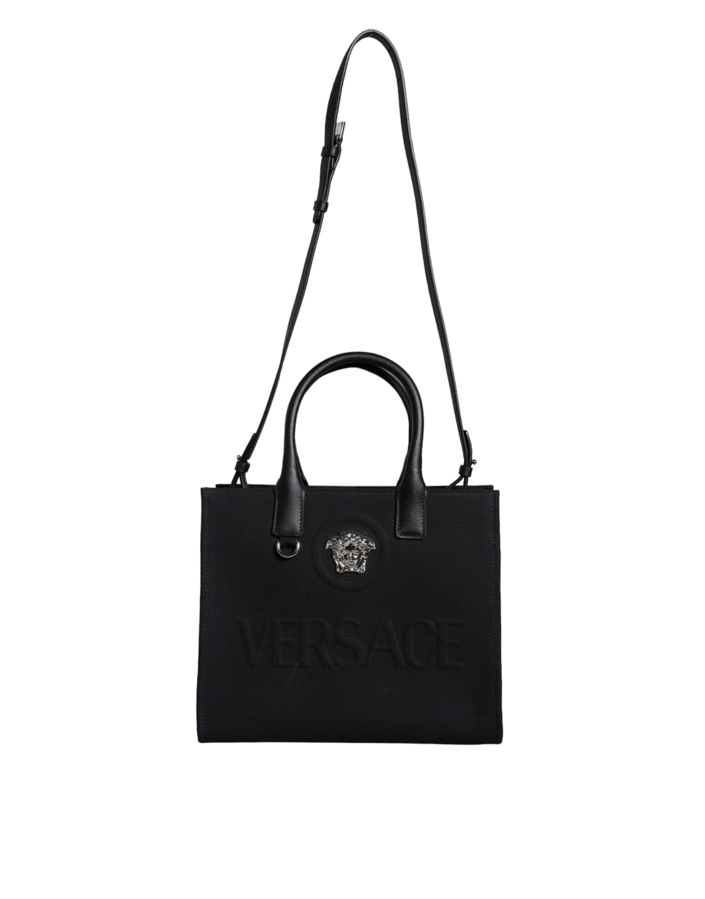 Black Top Handle Canvas Leather Logo Crossbody Tote Bag-Versace-LabelTerrace.com
