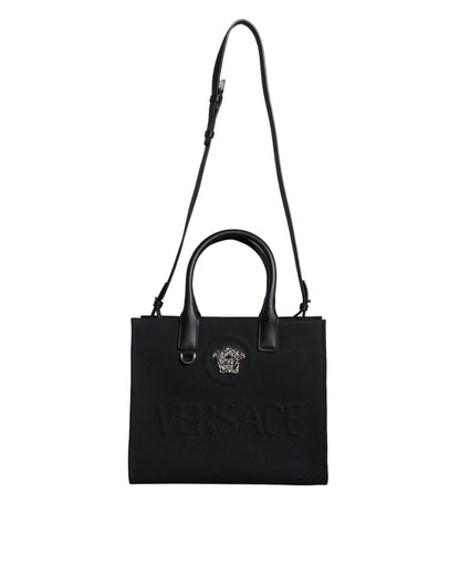 Black Top Handle Canvas Leather Logo Crossbody Tote Bag-Versace-LabelTerrace.com