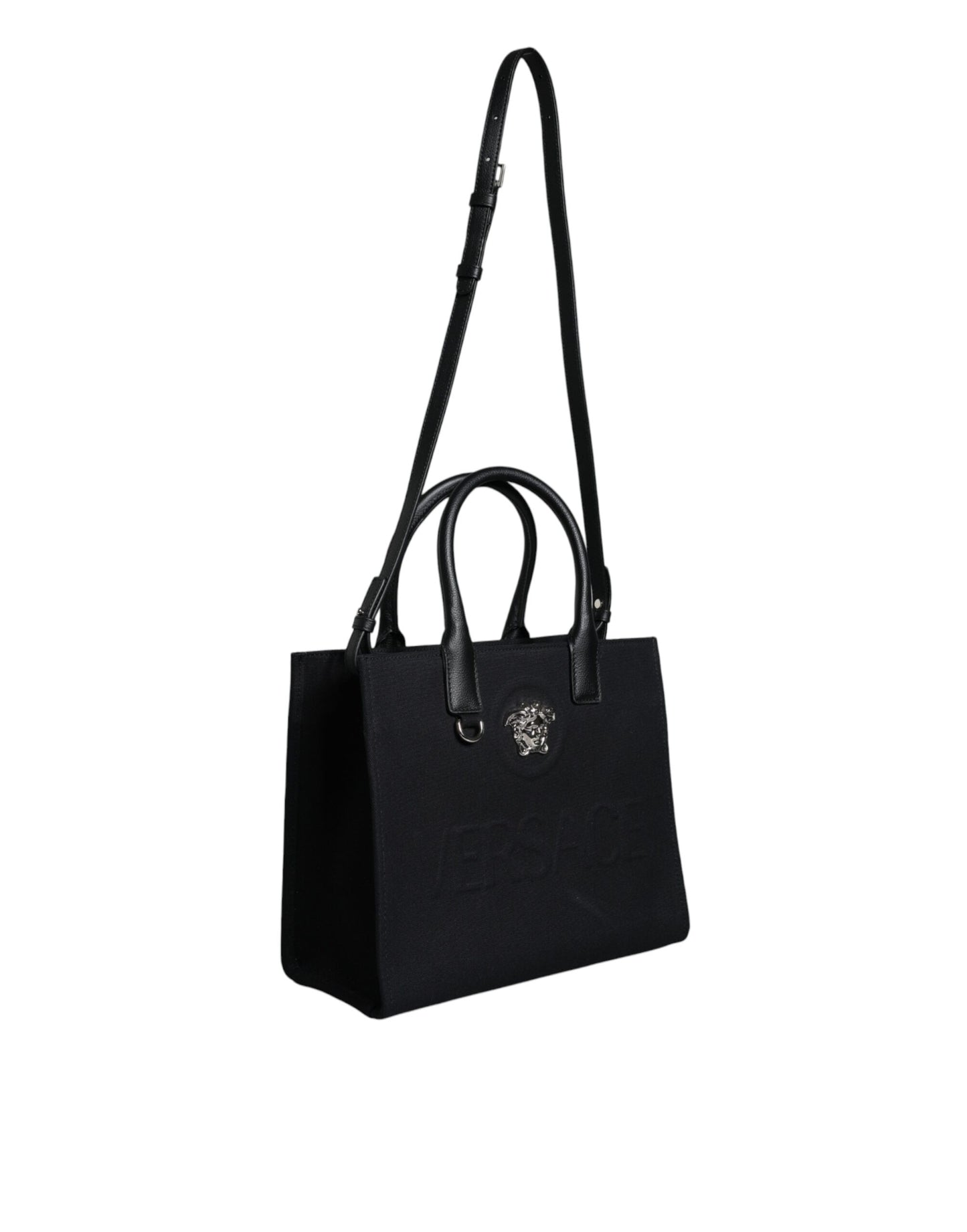 Black Top Handle Canvas Leather Logo Crossbody Tote Bag-Versace-LabelTerrace.com
