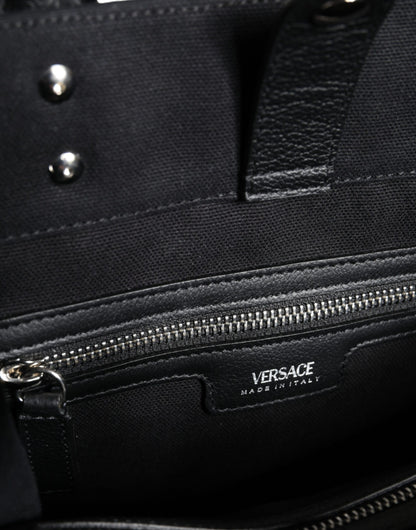 Black Top Handle Canvas Leather Logo Crossbody Tote Bag-Versace-LabelTerrace.com