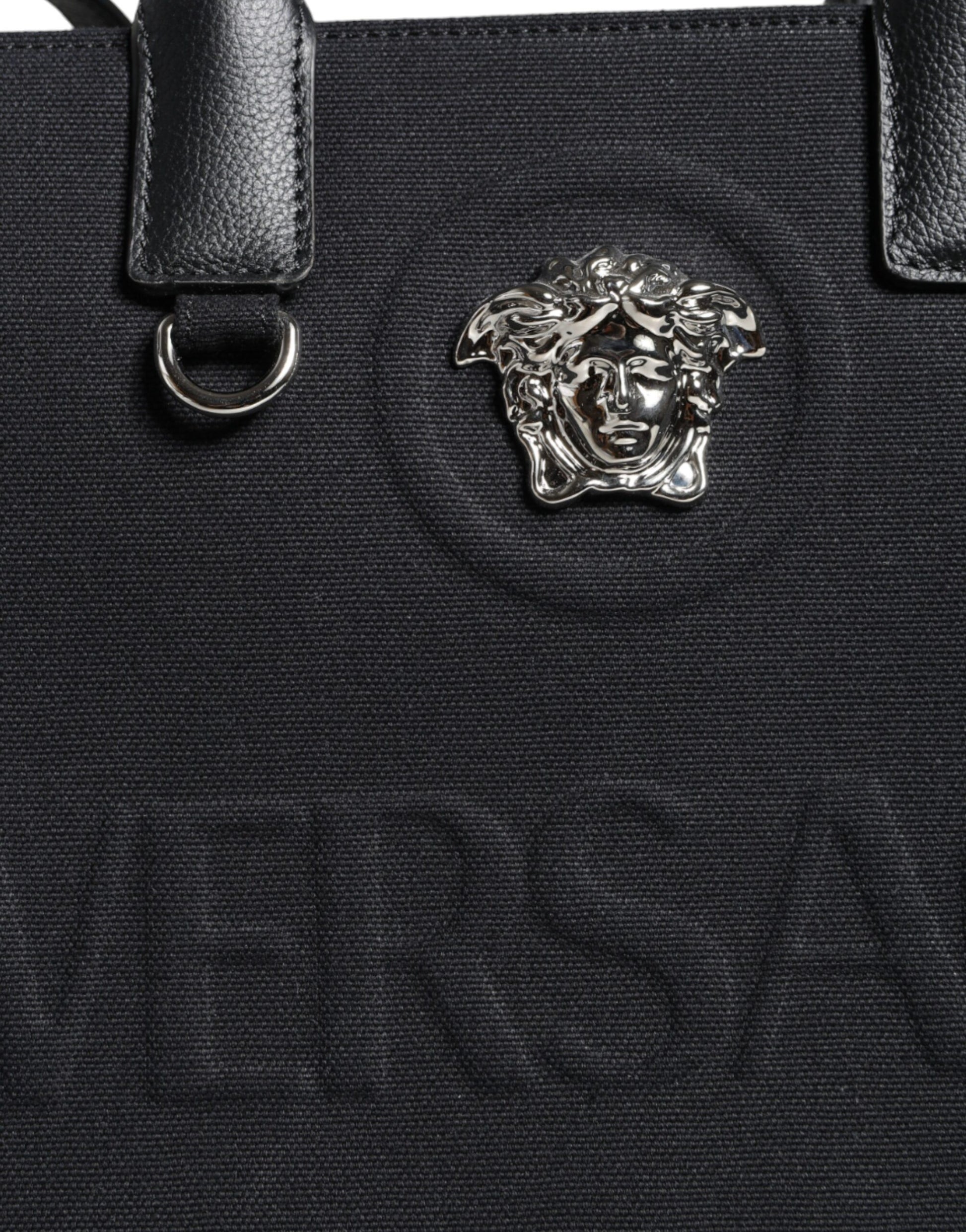 Black Top Handle Canvas Leather Logo Crossbody Tote Bag-Versace-LabelTerrace.com