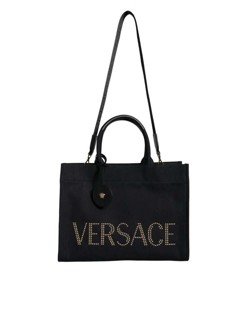 Black Top Handle Canvas Leather Logo Crossbody Tote Bag-Versace-LabelTerrace.com