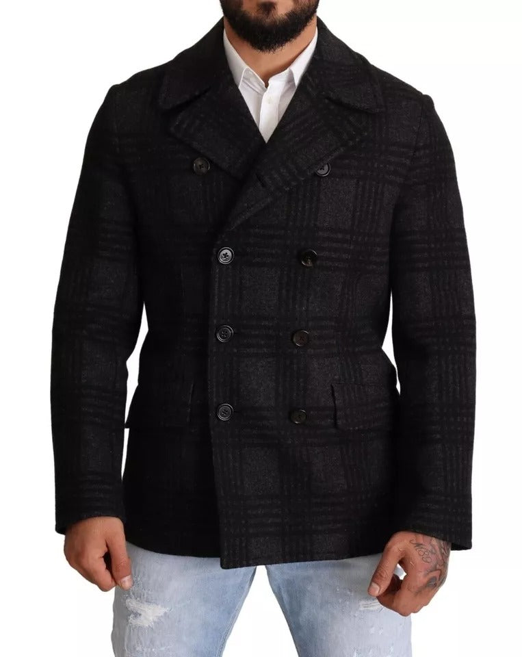 Black Trench Coat Check Wool Jacket-Dolce & Gabbana-LabelTerrace.com