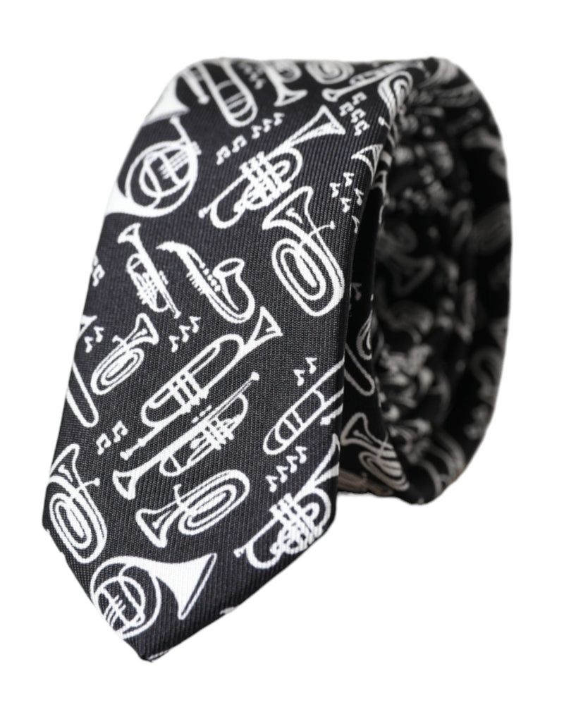 Black Trumpet Print Silk Adjustable Tie-Dolce & Gabbana-LabelTerrace.com