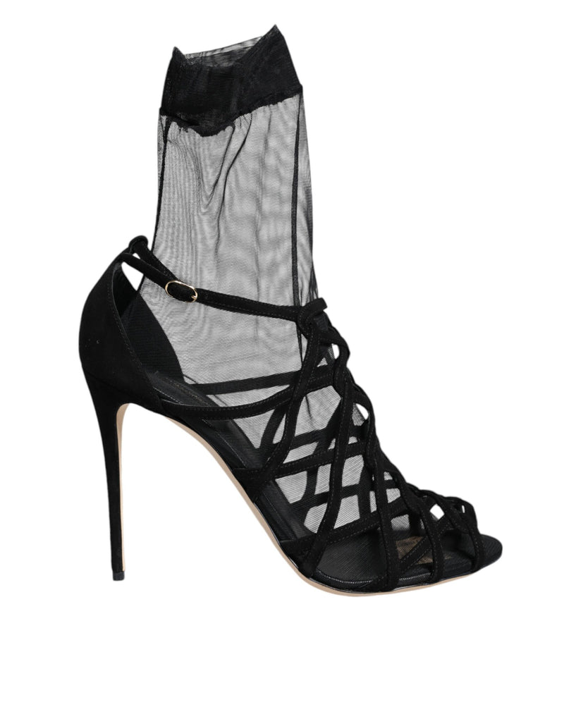Black Tulle Stretch Heels Sandals Shoes-Dolce & Gabbana-LabelTerrace.com
