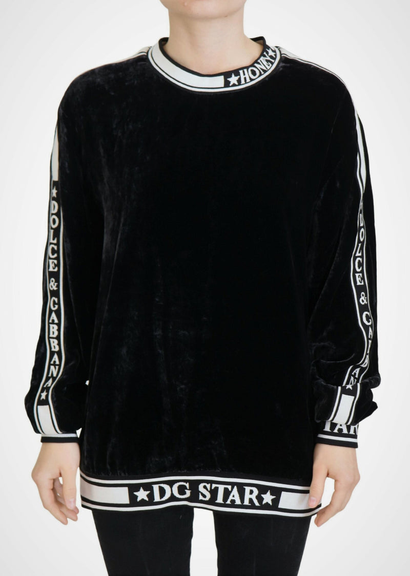 Black Velvet Crewneck Pullover Sweater-Dolce & Gabbana-LabelTerrace.com