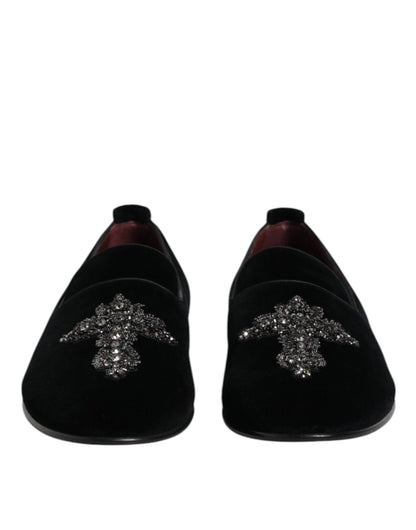 Black Velvet Embellished Loafer Slip On Shoes-Dolce & Gabbana-LabelTerrace.com