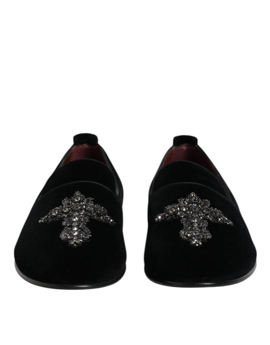 Black Velvet Embellished Loafer Slip On Shoes-Dolce & Gabbana-LabelTerrace.com