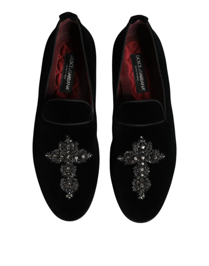 Black Velvet Embellished Loafer Slip On Shoes-Dolce & Gabbana-LabelTerrace.com