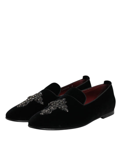 Black Velvet Embellished Loafer Slip On Shoes-Dolce & Gabbana-LabelTerrace.com