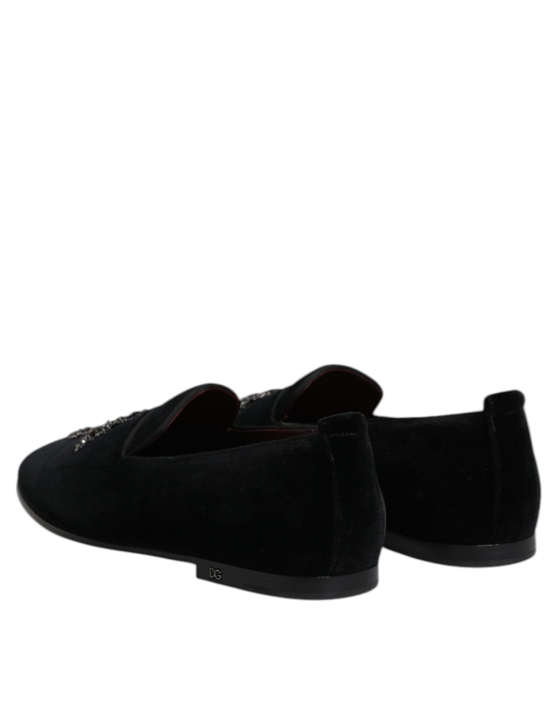 Black Velvet Embellished Loafer Slip On Shoes-Dolce & Gabbana-LabelTerrace.com