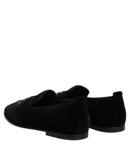 Black Velvet Embellished Loafer Slip On Shoes-Dolce & Gabbana-LabelTerrace.com