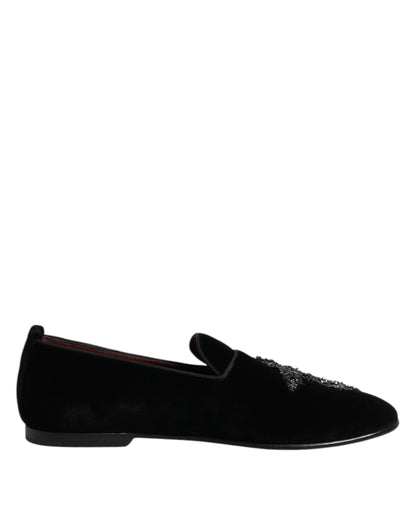 Black Velvet Embellished Loafer Slip On Shoes-Dolce & Gabbana-LabelTerrace.com