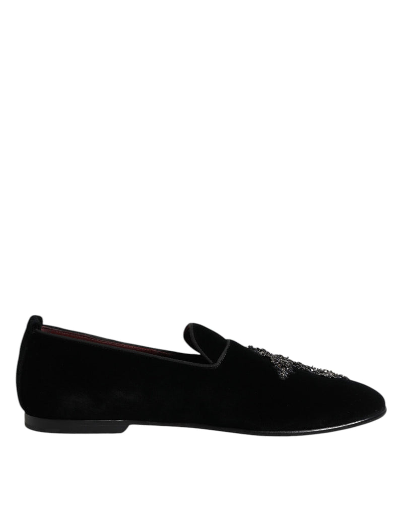 Black Velvet Embellished Loafer Slip On Shoes-Dolce & Gabbana-LabelTerrace.com