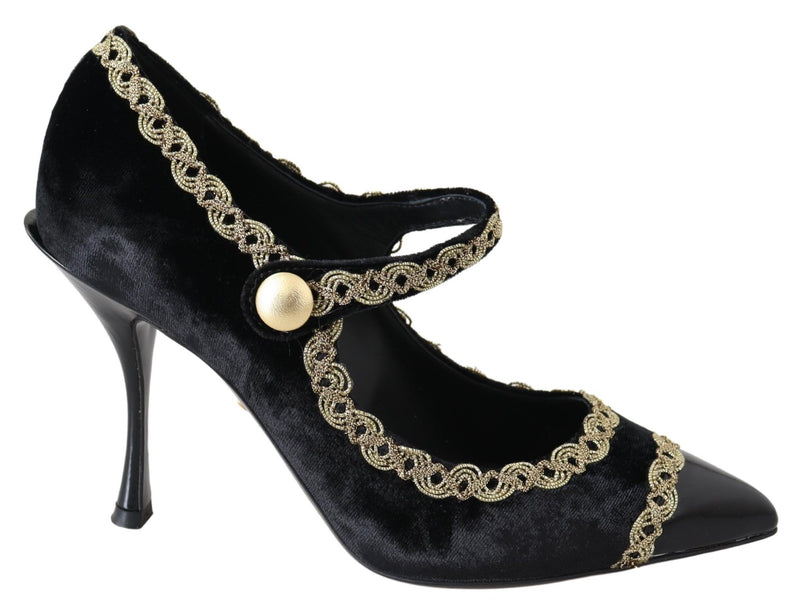 Black Velvet Gold Mary Janes Pumps-Dolce & Gabbana-LabelTerrace.com