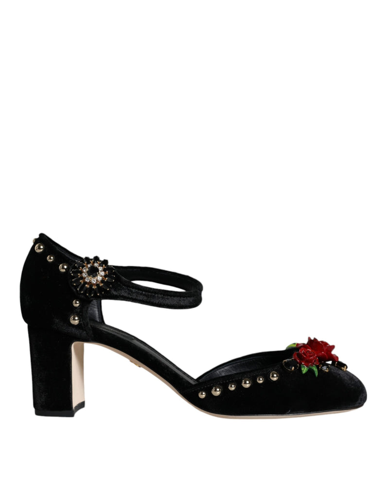 Black Velvet Roses Ankle Strap Pumps Shoes-Dolce & Gabbana-LabelTerrace.com