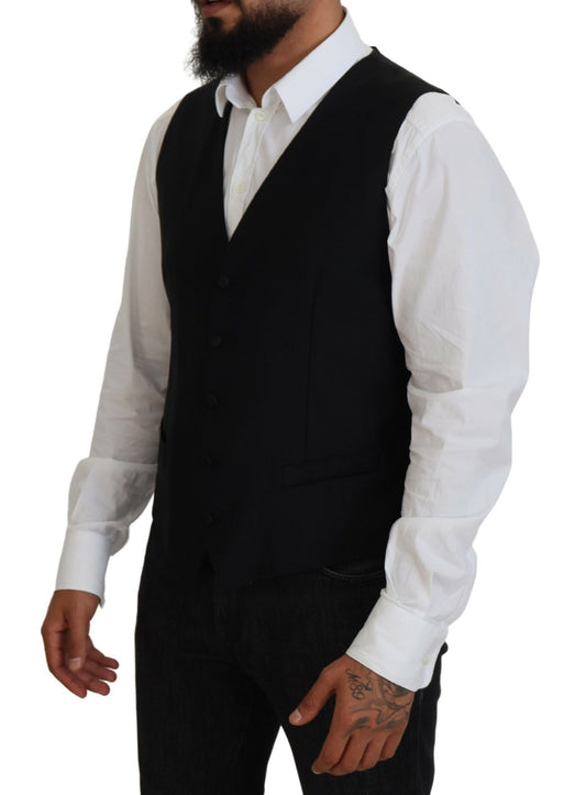 Black Virgin Wool Waistcoat Formal Vest-Dolce & Gabbana-LabelTerrace.com