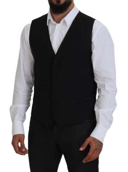 Black Virgin Wool Waistcoat Formal Vest-Dolce & Gabbana-LabelTerrace.com