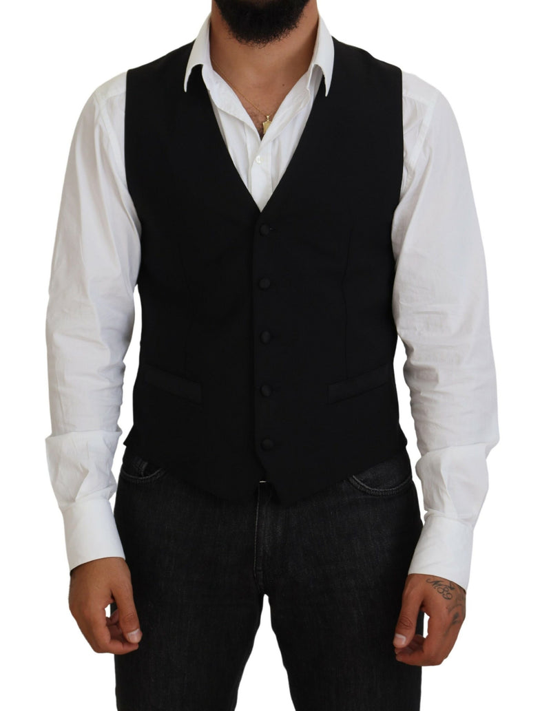 Black Virgin Wool Waistcoat Formal Vest-Dolce & Gabbana-LabelTerrace.com