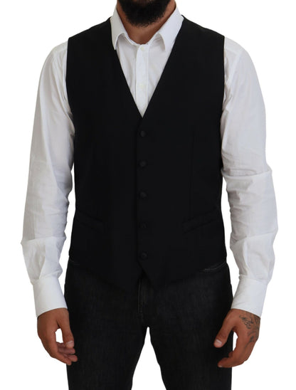 Black Virgin Wool Waistcoat Formal Vest-Dolce & Gabbana-LabelTerrace.com