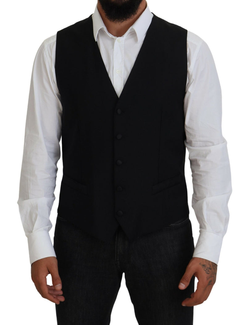 Black Virgin Wool Waistcoat Formal Vest-Dolce & Gabbana-LabelTerrace.com