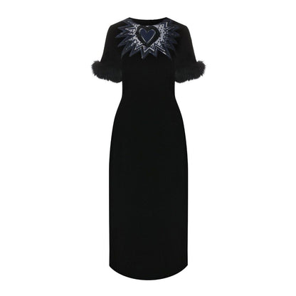 Fur Trim Velvet Midi Dress-Fendi-LabelTerrace.com