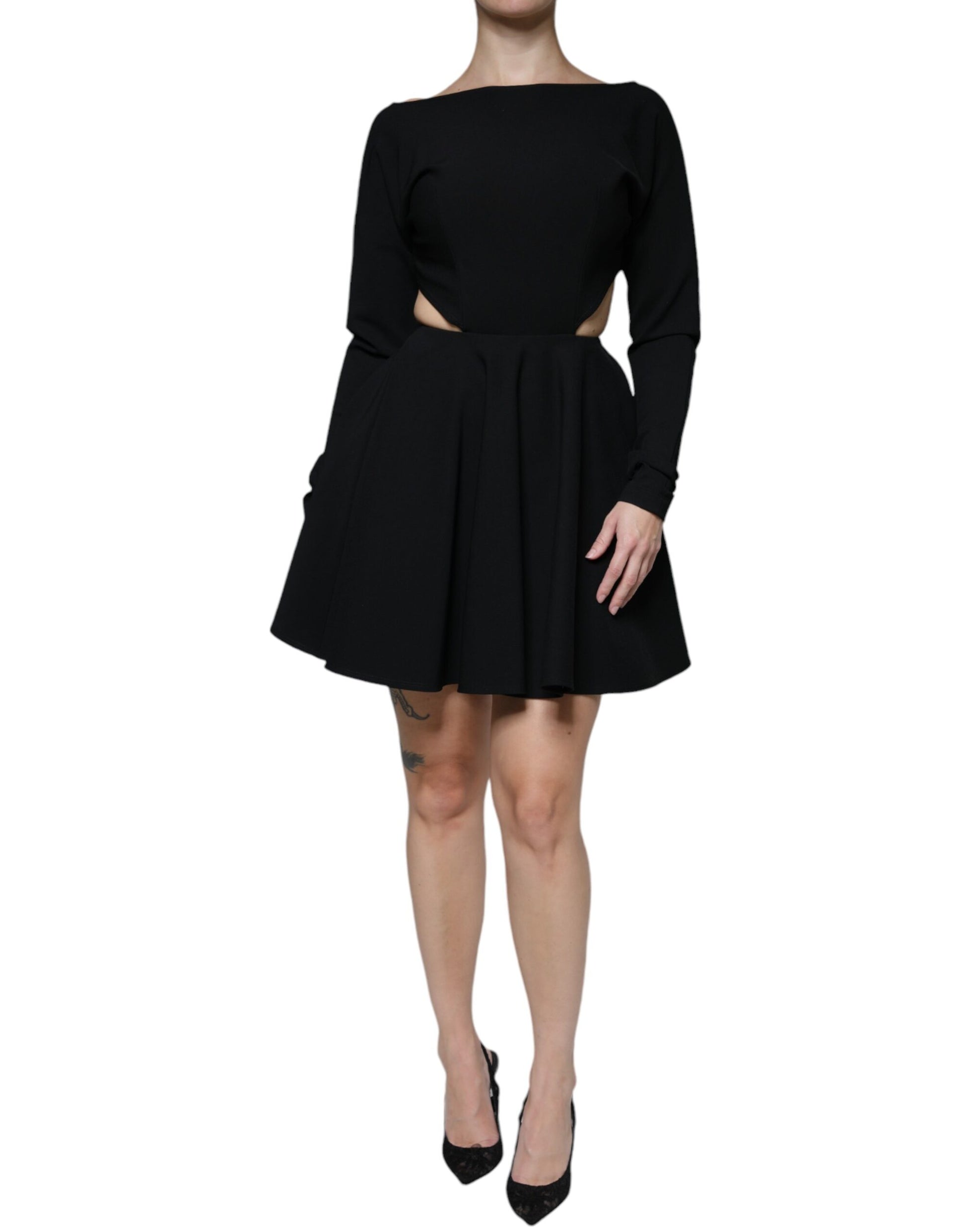 Black Viscose Cut Out A-line Long Sleeves Mini Dress-Dolce & Gabbana-LabelTerrace.com
