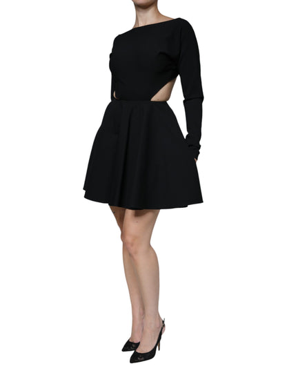 Black Viscose Cut Out A-line Long Sleeves Mini Dress-Dolce & Gabbana-LabelTerrace.com