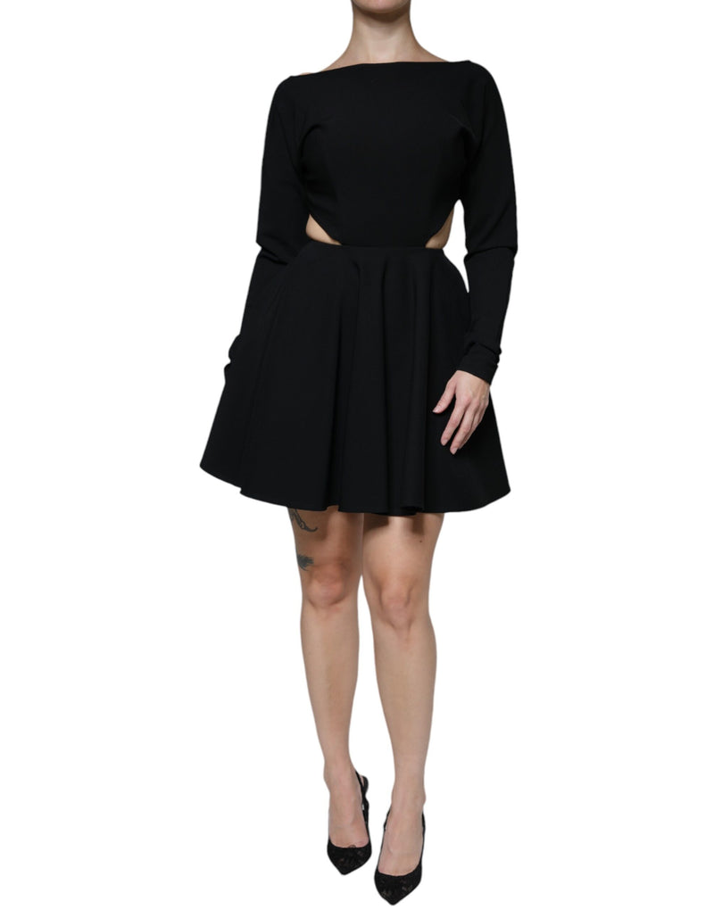 Black Viscose Cut Out A-line Long Sleeves Mini Dress-Dolce & Gabbana-LabelTerrace.com