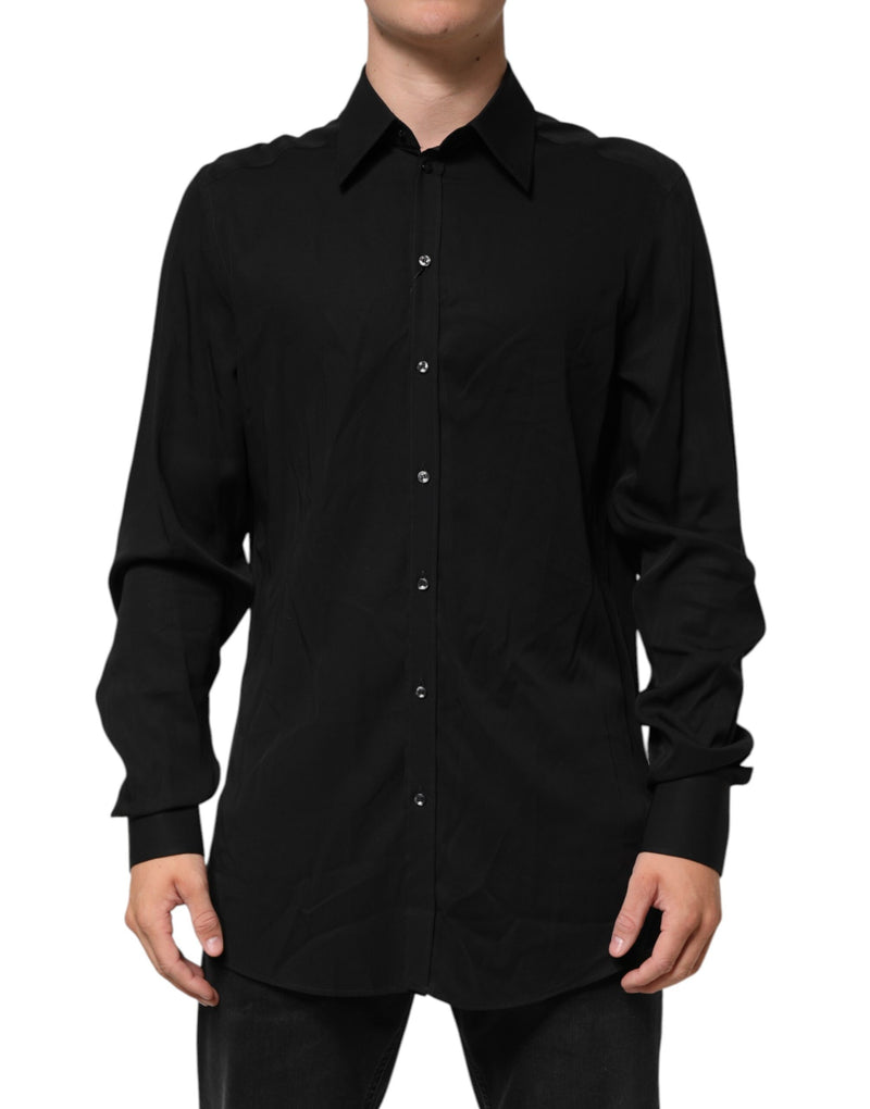 Black Viscose Long Sleeve Formal Dress Shirt-Dolce & Gabbana-LabelTerrace.com