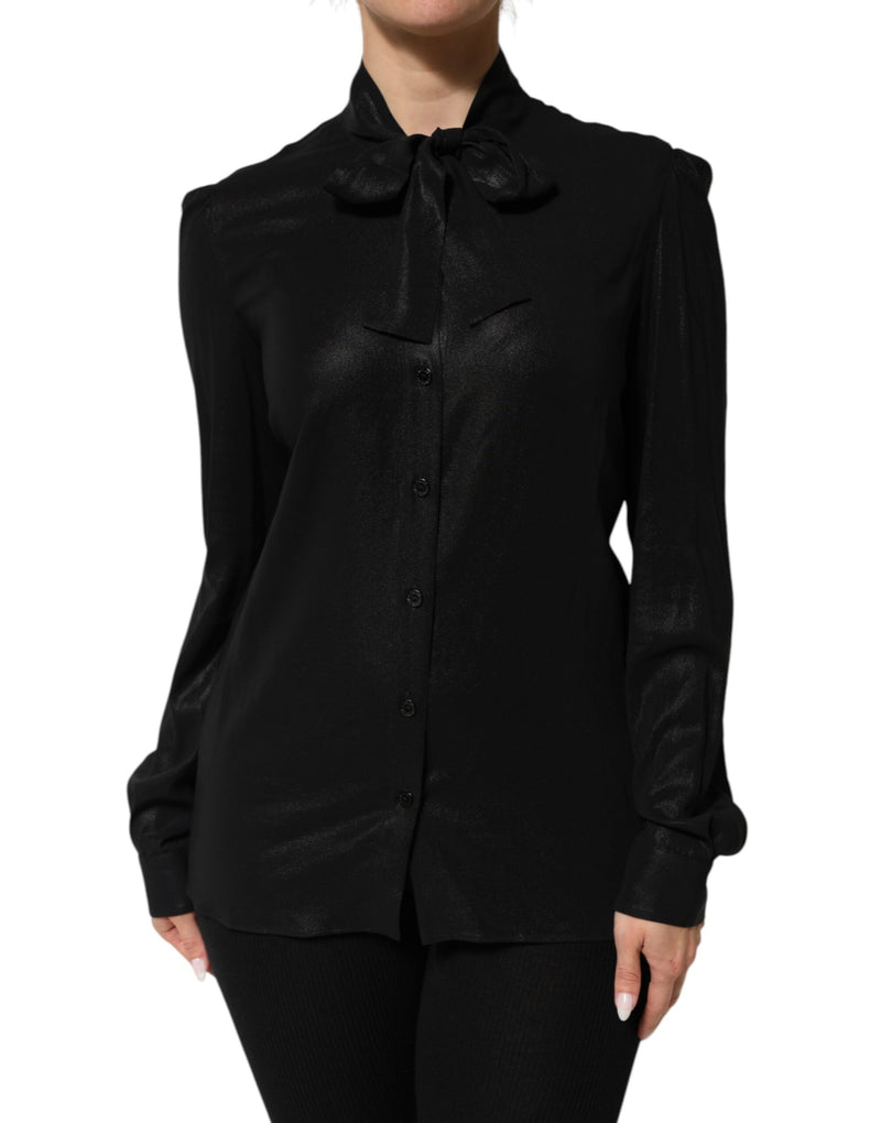 Black Viscose Long Sleeve Tie Neck Blouse Top-Dolce & Gabbana-LabelTerrace.com
