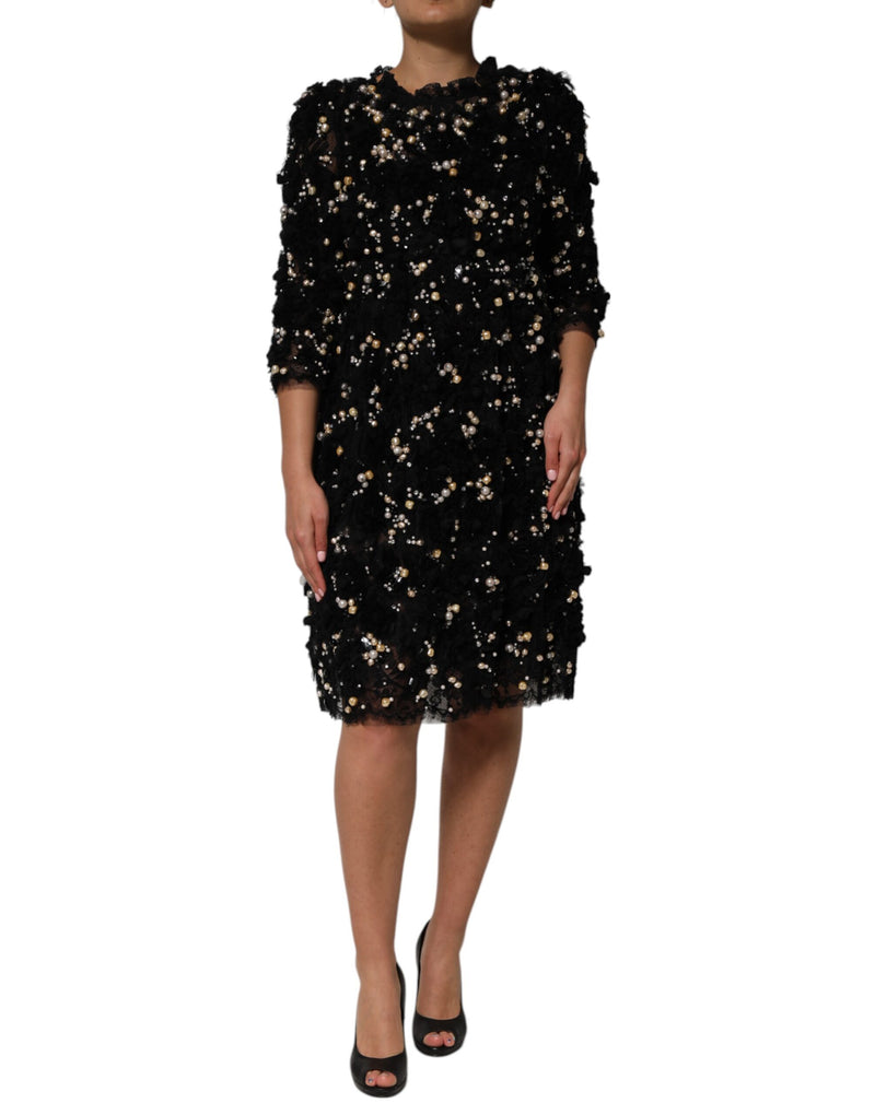 Black Viscose Pearl Embellishment Shift Dress-Dolce & Gabbana-LabelTerrace.com