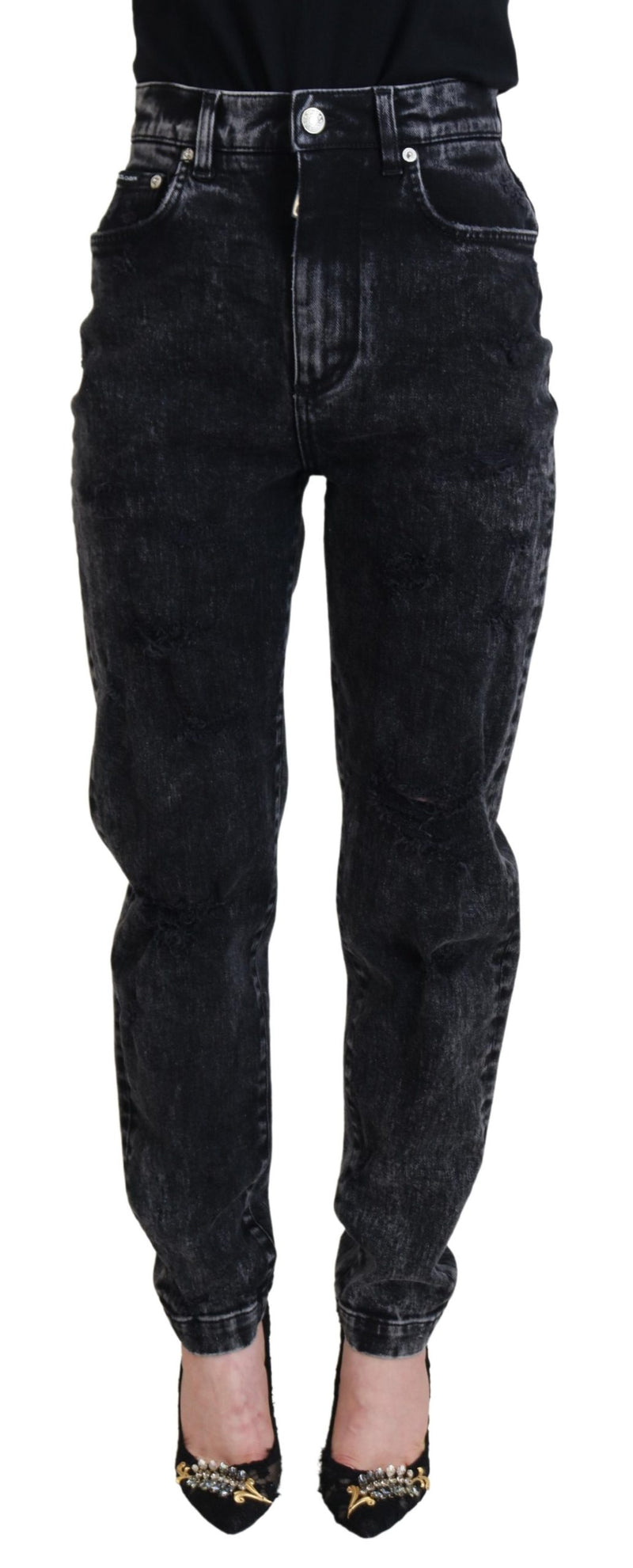 Black Washed Cotton High Waist Denim Jeans-Dolce & Gabbana-LabelTerrace.com