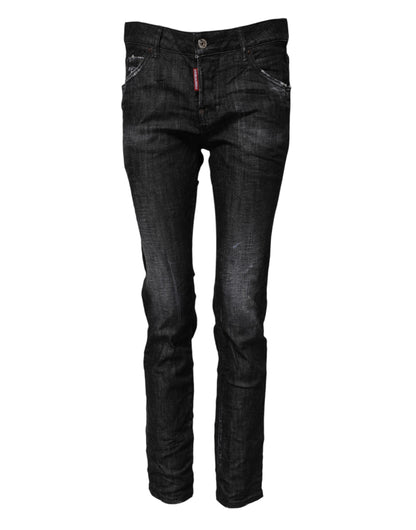Black Washed Cotton Mid Waist Skinny Jeans-Dsquared²-LabelTerrace.com