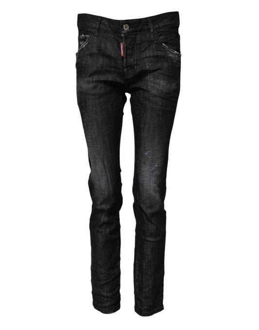 Black Washed Cotton Mid Waist Skinny Jeans-Dsquared²-LabelTerrace.com