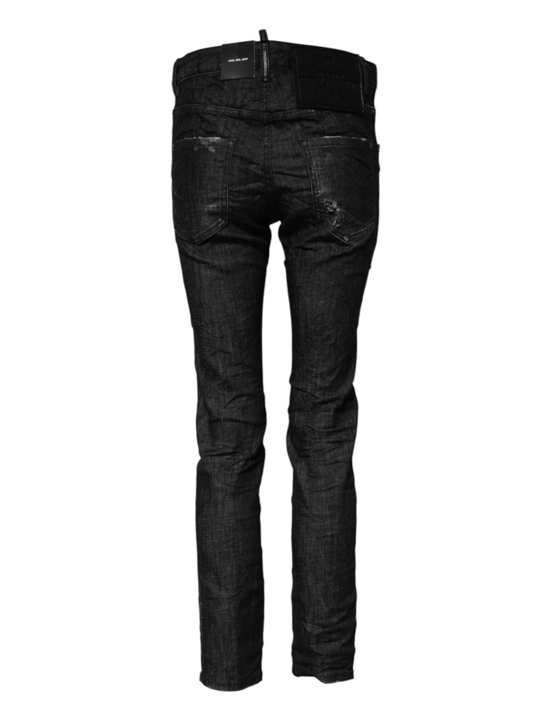 Black Washed Cotton Mid Waist Skinny Jeans-Dsquared²-LabelTerrace.com