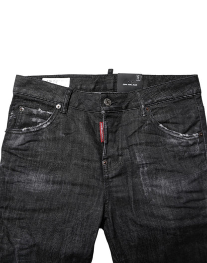 Black Washed Cotton Mid Waist Skinny Jeans-Dsquared²-LabelTerrace.com