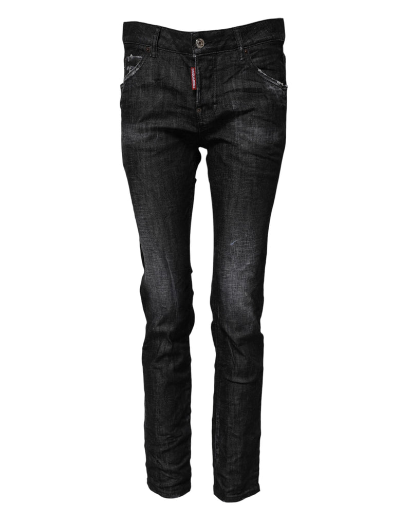 Black Washed Cotton Mid Waist Skinny Jeans-Dsquared²-LabelTerrace.com