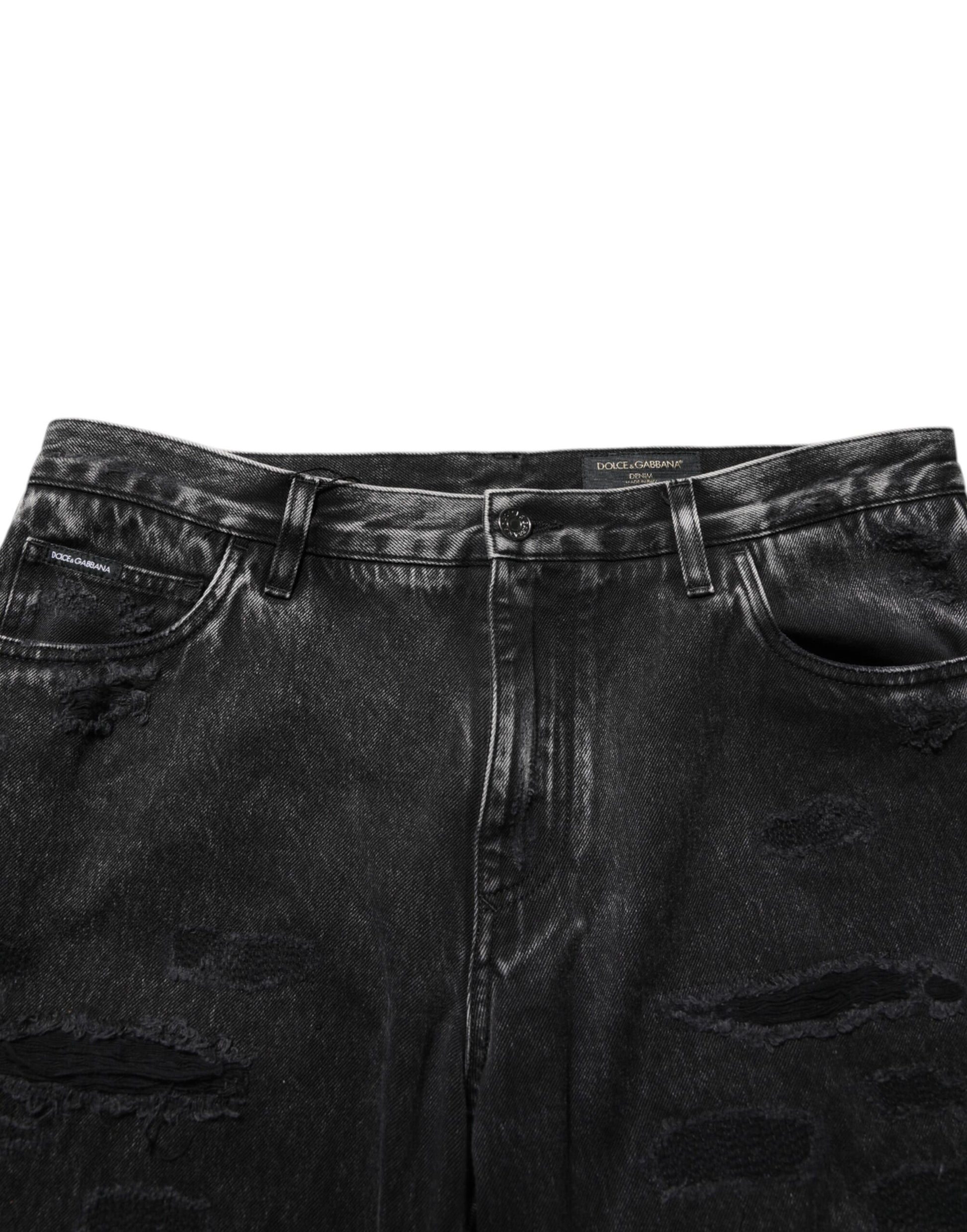Black Washed Ripped Loose Cotton Denim Jeans