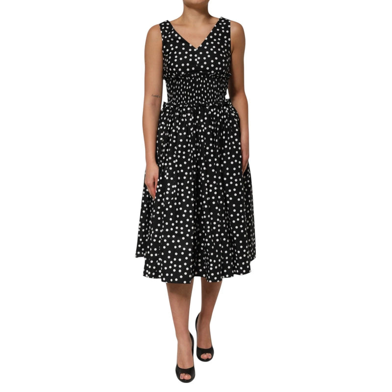 Black White Cotton Polka Dot Print V Neck Dress-Dolce & Gabbana-LabelTerrace.com