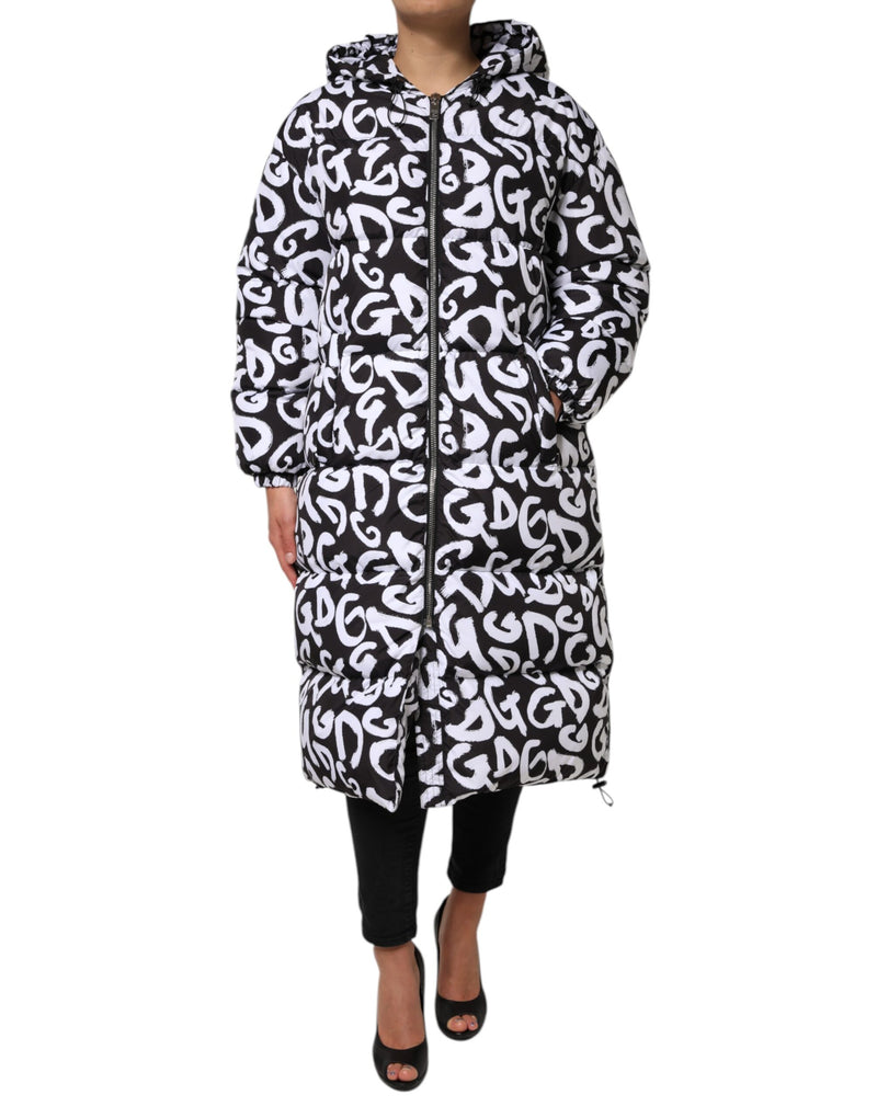 Black White DG Mania Hooded Long Coat Jacket-Dolce & Gabbana-LabelTerrace.com