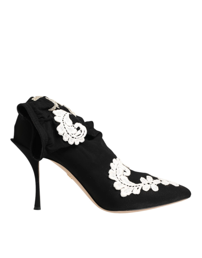 Black White Embroidered Jersey Stiletto Boots Shoes-Dolce & Gabbana-LabelTerrace.com